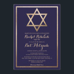 Gold Star Border Bat Mitzvah Hebräischer Name Einladung<br><div class="desc">Diese moderne und elegante Fledermausmitzvah-Einladung mit dem hebräischen Namen ist perfekt für den besonderen Tag Ihres Kindes. Es verfügt über ein Imitat gedruckt Gold-Folie Star of David und Rand auf einem einfachen marineblau Hintergrund mit verzierten kursiven Typografie. Es ist schick, hübsch, minimalistisch und regal. ***WICHTIGE HINWEIS FÜR DESIGN: Für individuelle...</div>