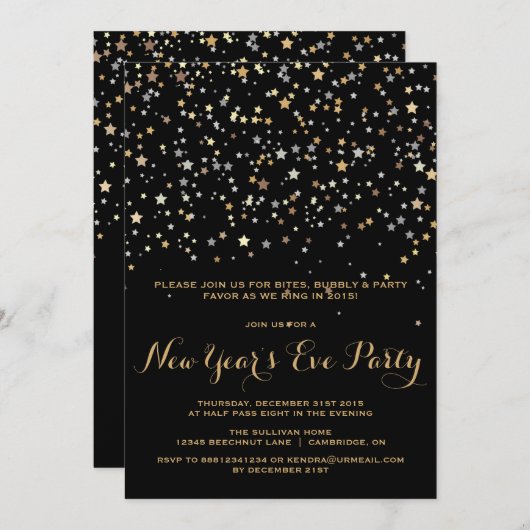 GOLD STAR CONFETTI NEUES JAHR EINLADUNG (Vorne/Hinten)