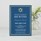 GOLD STAR DAVID Bar mitzvah Modernes Blau Einladung (Stehend Vorderseite)
