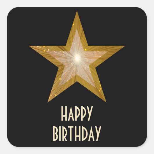 Gold Star "Happy Birthday"-Aufkleber schwarz Quadratischer Aufkleber (Vorderseite)
