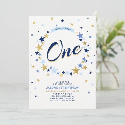 Gold Star | Junge 1. Geburtstag Einladung (Stehend Vorderseite)