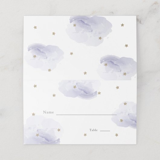 Gold Star & Lavender Cloud Baby Dusche Platzkarte (Außenseite Aufgefaltet)