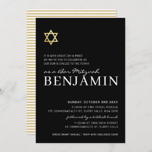 GOLD STAR Moderne Bar Mitzvah minimal Schwarz-weiß Einladung