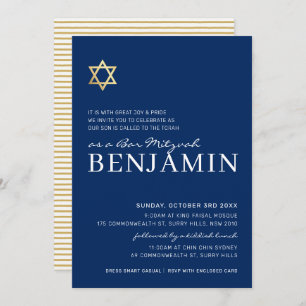 GOLD STAR Moderne Bar Mitzvah minimale Marine weiß Einladung