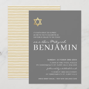 GOLD STAR Moderne Bar Mitzvah minimalgrau Einladung
