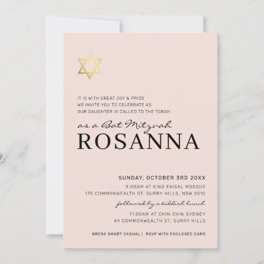 GOLD STAR Modernes Bat Mitzvah minimal blassrosa Einladung (Vorderseite)