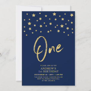 Gold Star Navy Blue One 1. Geburtstag Party Einladung