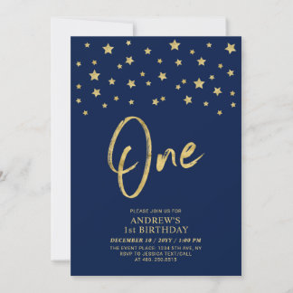 Gold Star | Navy Blue One 1. Geburtstag Party Einladung