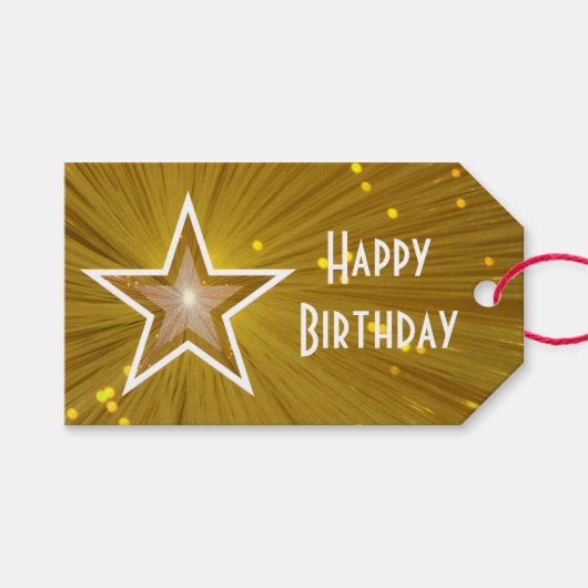 Gold Star Print Happy Birthday weißen Text Geschenkanhänger (Vorderseite (Horizontal))