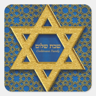 Gold Star von David Blue Hebrew Shabbat Shalom Quadratischer Aufkleber