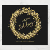 Gold Star Wreath Happy Holidays Black Schaumweinetikett (Einzelnes Label)