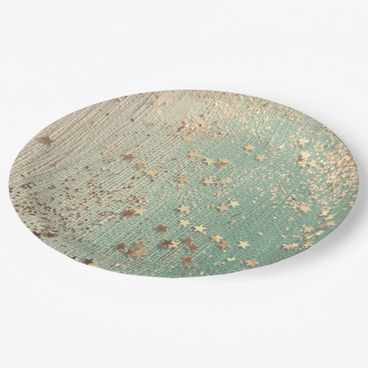 Gold Stardust auf Sea Green Pappteller (Schrägansicht)