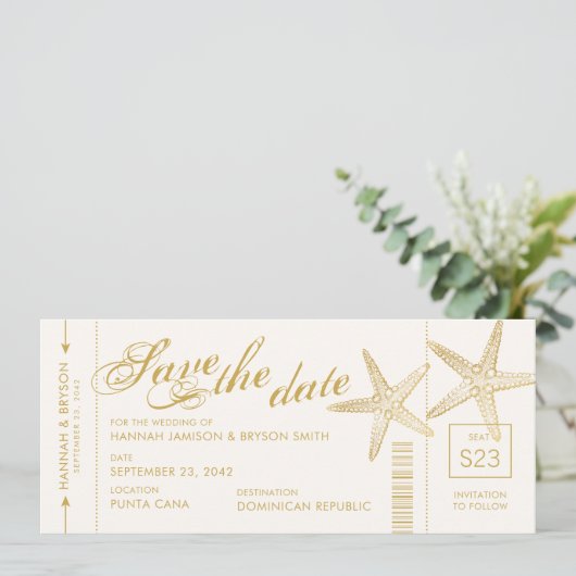 Gold Starfish Boarding Pass Ticket Save The Date (Stehend Vorderseite)