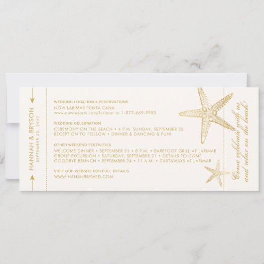 Gold Starfish Boarding Pass Ticket Save The Date (Rückseite)