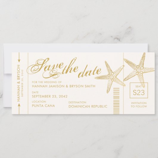 Gold Starfish Boarding Pass Ticket Save The Date (Vorderseite)