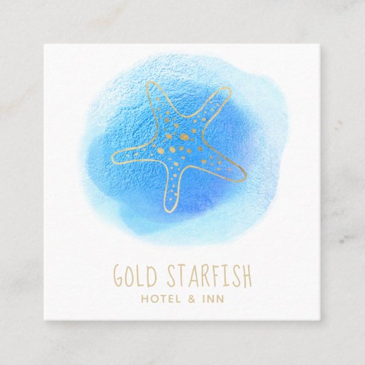 *~* Gold-STARFISH Strand-Ozean-Seeweißer blauer Quadratische Visitenkarte (Vorderseite)