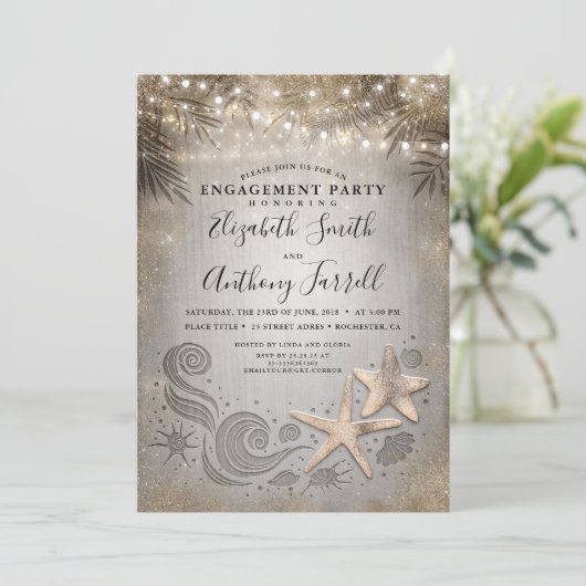 Gold Starfish Tropical Palm Beach Engagement Party Einladung (Stehend Vorderseite)