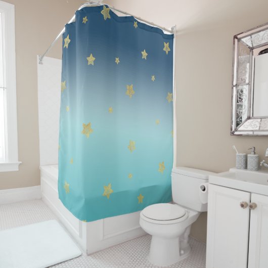 Gold Stars Aqua Blue Ombre Duschvorhang (Beispiel)