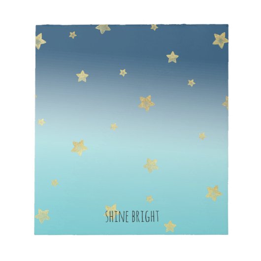 Gold Stars Aqua Blue Ombre personalisiertes Zitat Notizblock (Vorderseite)