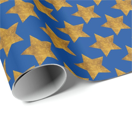 Gold Stars auf Blue Gift Wrapping Paper Wrap Geschenkpapier (Rolleneckpunkt)