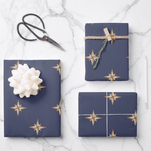 Gold Stars auf Navy Blue Geschenkpapier Set (Vorderseite)