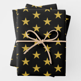 Gold Stars auf schwarz Geschenkpapier Set