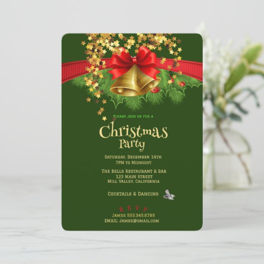 Gold Stars & Bells Weihnachtsfeierliche Party Einl Einladung (Stehend Vorderseite)
