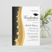 Gold Stars Black Abschluss Zeremonie und Party Einladung (Stehend Vorderseite)