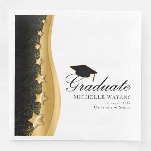 Gold Stars Black Hat Graduation Party Paper Dinner Serviette (Vorderseite)
