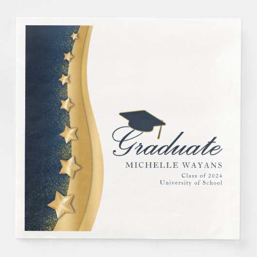 Gold Stars Blue Hat Graduation Party Serviette (Vorderseite)