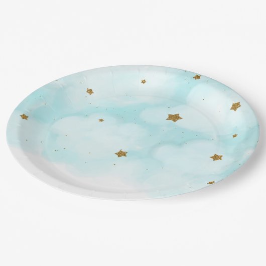 Gold Stars & Blue Sky Clouds Baby Dusche Party Pappteller (Schrägansicht)