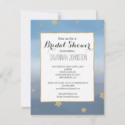 Gold Stars Blue Watercolor Sky Brautparty Einladung (Vorderseite)