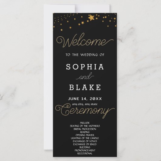 Gold Stars Celestial Black Wedding Program (Vorderseite)