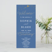 Gold Stars Celestial Dark Blue Wedding Program (Stehend Vorderseite)