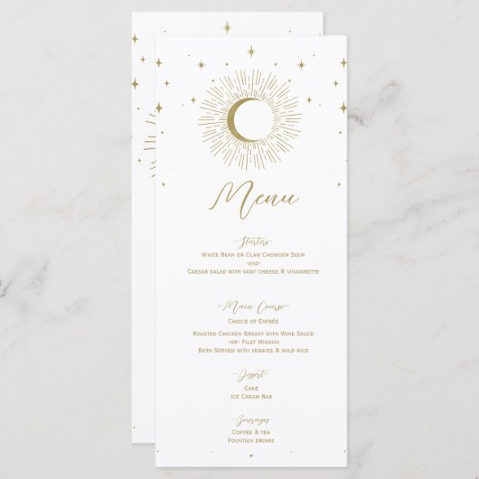Gold Stars Celestial Sunburst Moon Wedding Menu Menükarte (Vorne/Hinten)