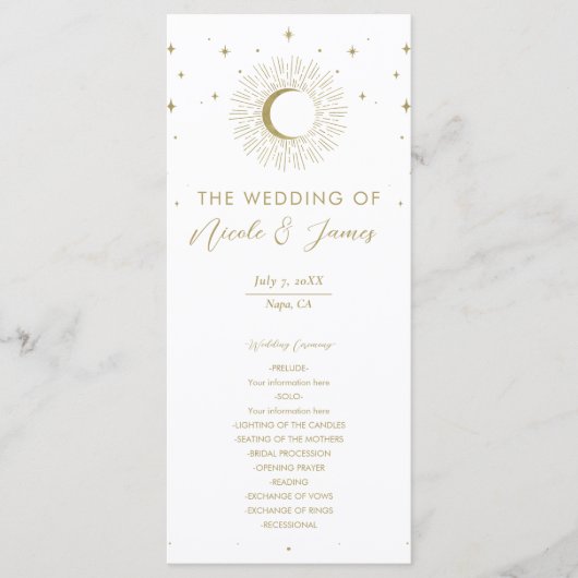 Gold Stars Celestial Sunburst Moon Wedding Program Menükarte (Vorderseite)