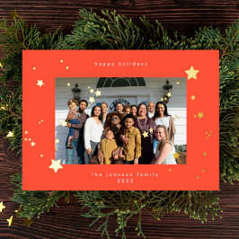 Gold Stars Cherry Red Foto Frohe Weihnachten Folien Feiertagskarte