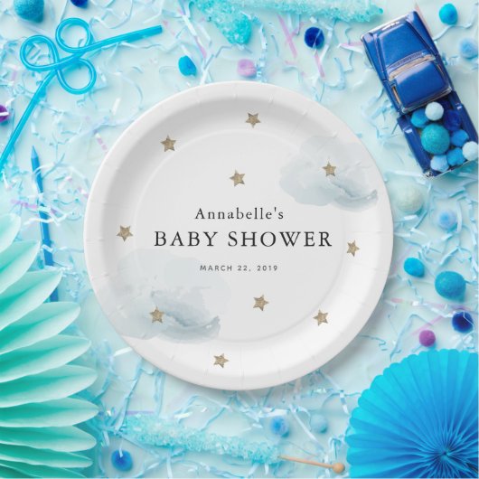 Gold Stars & Clouds Baby Shower Paper Plate Pappteller (Party)