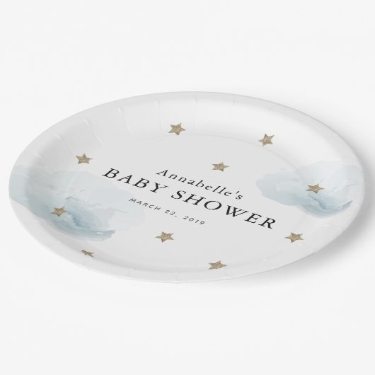 Gold Stars & Clouds Baby Shower Paper Plate Pappteller (Schrägansicht)