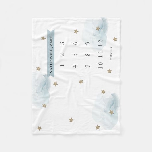Gold Stars & Clouds Blue Boy Monatlicher Meilenste Fleecedecke (Vorderseite)