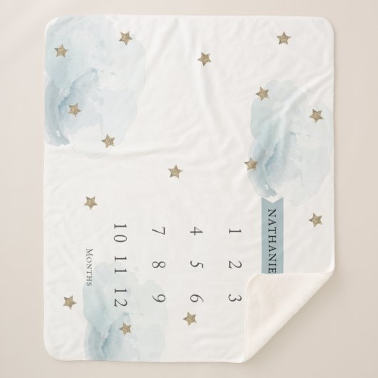 Gold Stars & Clouds Blue Boy Monatlicher Meilenste Sherpadecke (Vorderseite)