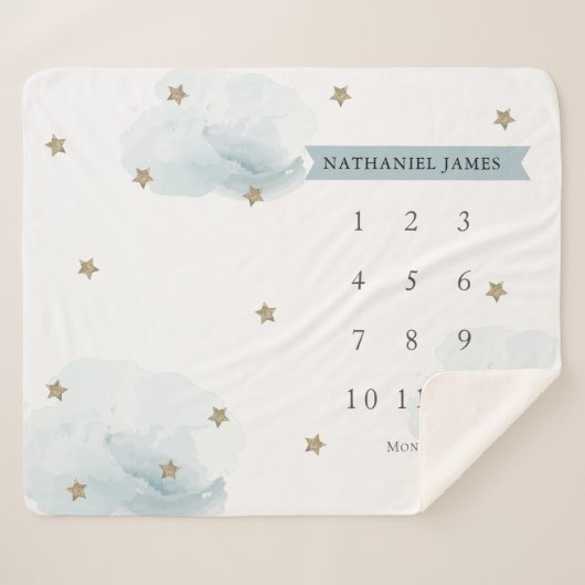 Gold Stars & Clouds Blue Boy Monatlicher Meilenste Sherpadecke (Vorderseite (Horizontal))