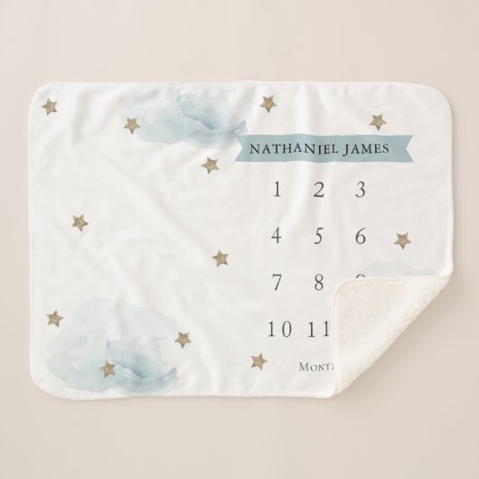 Gold Stars & Clouds Blue Boy Monatlicher Meilenste Sherpadecke (Vorderseite (Horizontal))