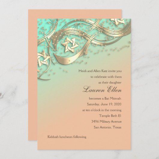 Gold Stars Confetti Blüh Bat Mitzvah Aqua Einladung (Vorne/Hinten)