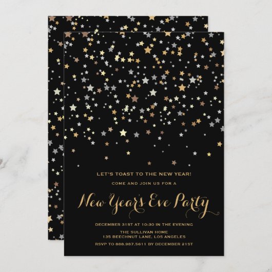 Gold Stars Confetti | Einladung zum Silvesterabend (Vorne/Hinten)