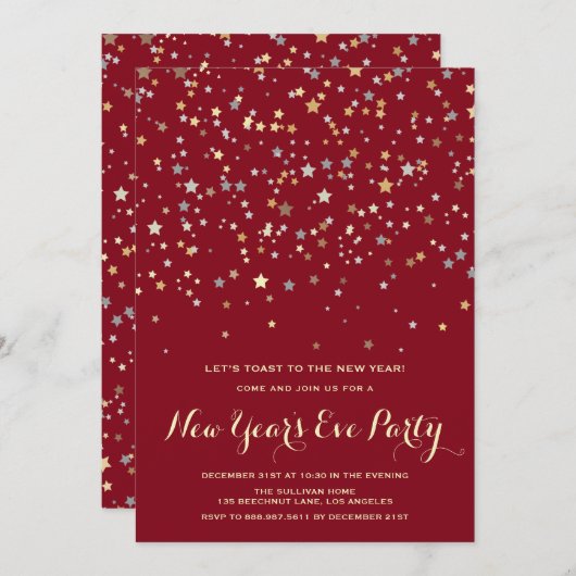 Gold Stars Confetti | Einladung zum Silvesterabend (Vorne/Hinten)