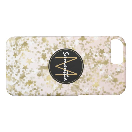 Gold Stars Confetti Peach Monogram Case-Mate iPhone Hülle (Rückseite (Horizontal))