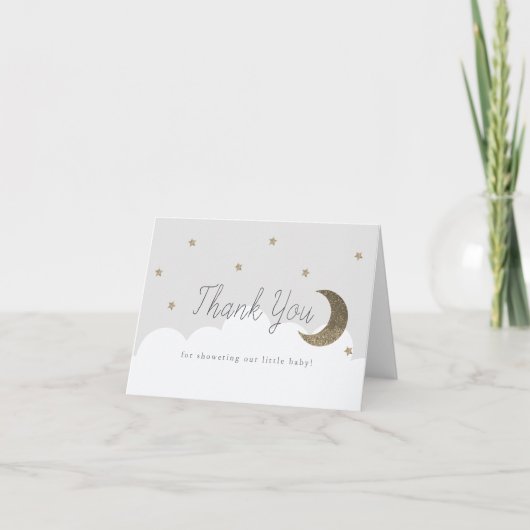 Gold Stars & Crecsent Moon Gray Baby Dusche Dankeskarte (Vorderseite)