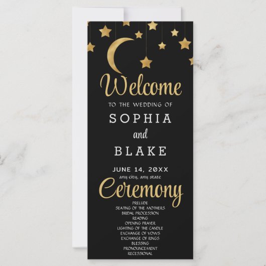Gold Stars Crescent Moon Block Wedding Programm (Vorderseite)