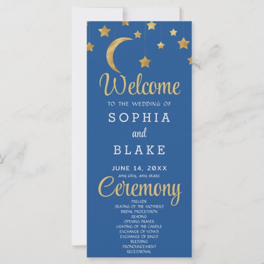 Gold Stars Crescent Moon Blue Wedding Program (Vorderseite)